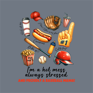 Show your team spirit with the InkMerge Baseball Mama Hot Mess DTF Transfer – Ready to Press, featuring fun baseball illustrations and phrases—perfect for making a unique baseball mom shirt!.